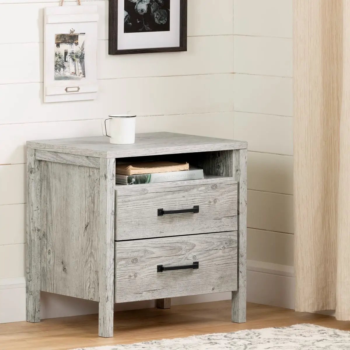 Modern Washed Pine 2 Drawer Nightstand Cubby Storage Shelf by HomePacific