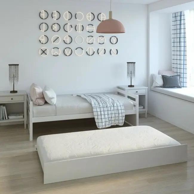 Twin/Twin Dorm Style Trundle Daybed Platform Bed Frame in White by HomePacific