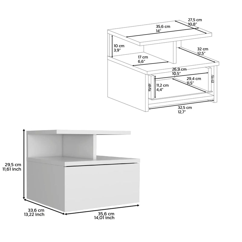 Floating Nightstand 12"H, Wall Mounted with Single Drawer and 2-Tier Shelf by HouseOfZazla