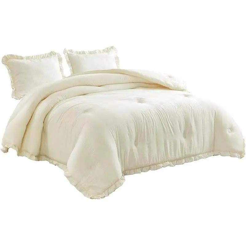 Full Size Ivory Microfiber 3-Piece Comforter Set with Ruffled Edge Trim by HomePacific