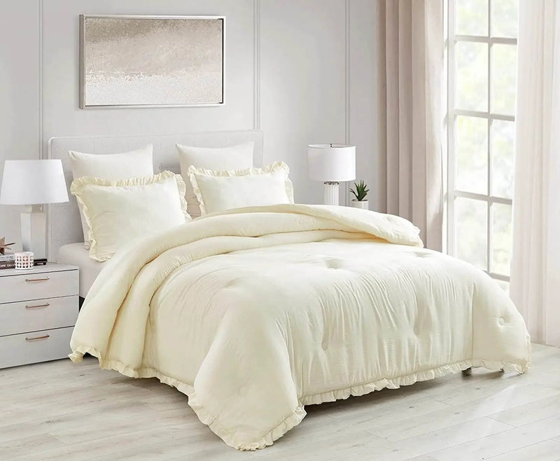 Oversized King Ivory Microfiber 3-Piece Comforter Set with Ruffled Edge Trim by HomePacific