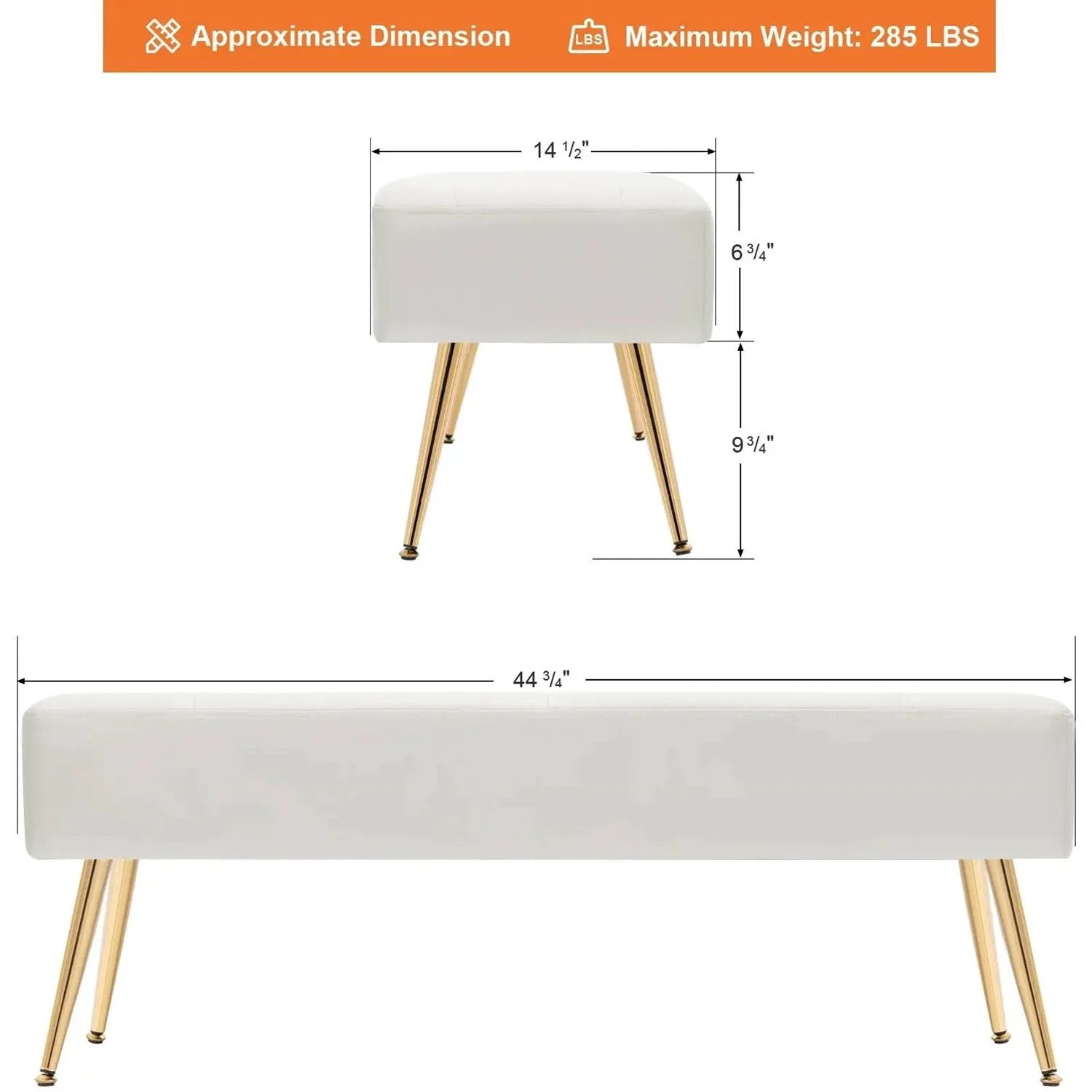 Modern Bed Bench Ottoman with White Ivory PU Leather Seat and Gold Metal Legs by HomePacific