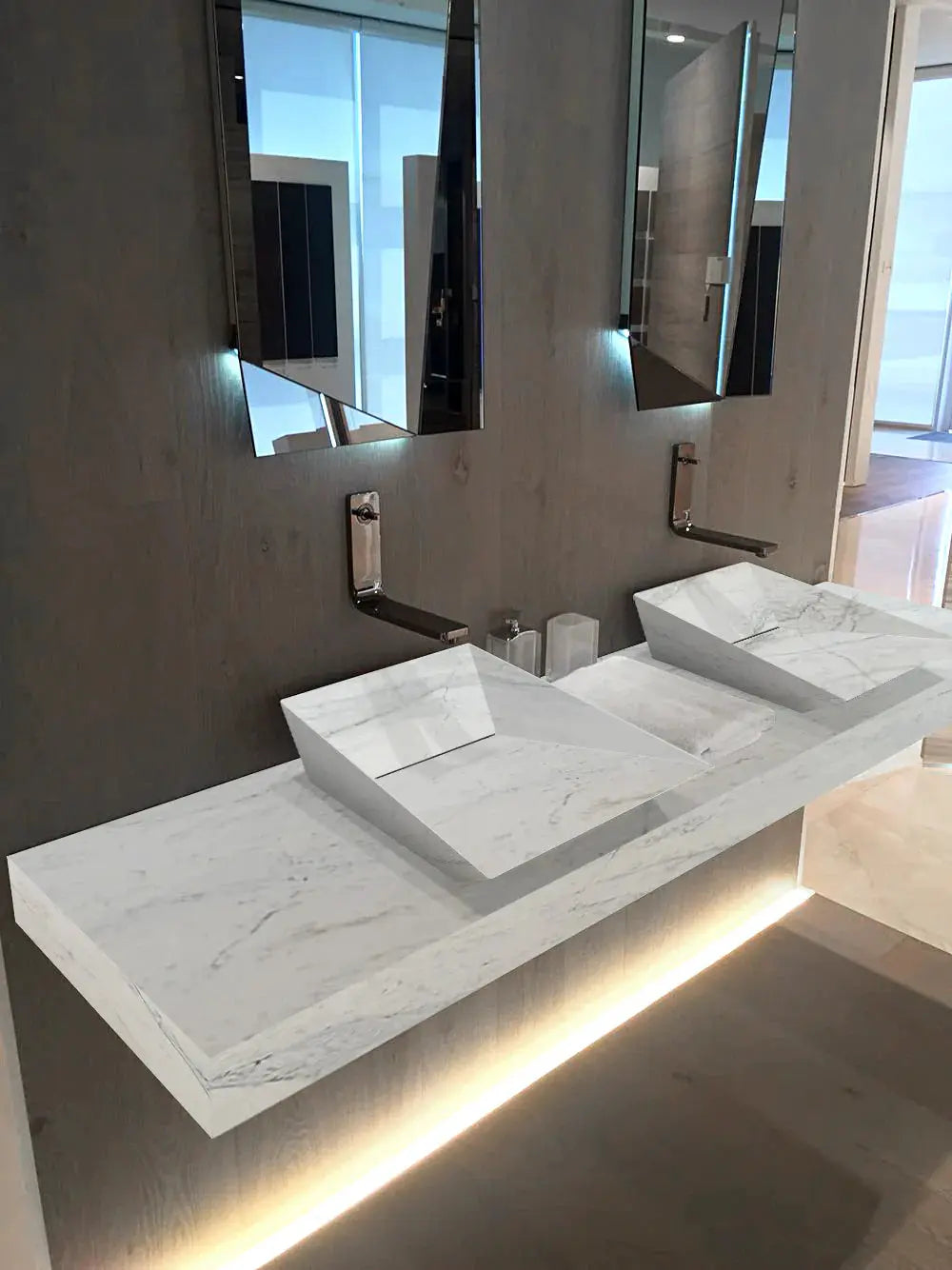 Imperial White Marble Double Bathroom Sink Wall-Mount - 80 Inch by GobekDesign