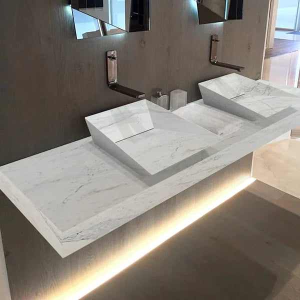 Imperial White Marble Double Bathroom Sink Wall-Mount - 80 Inch