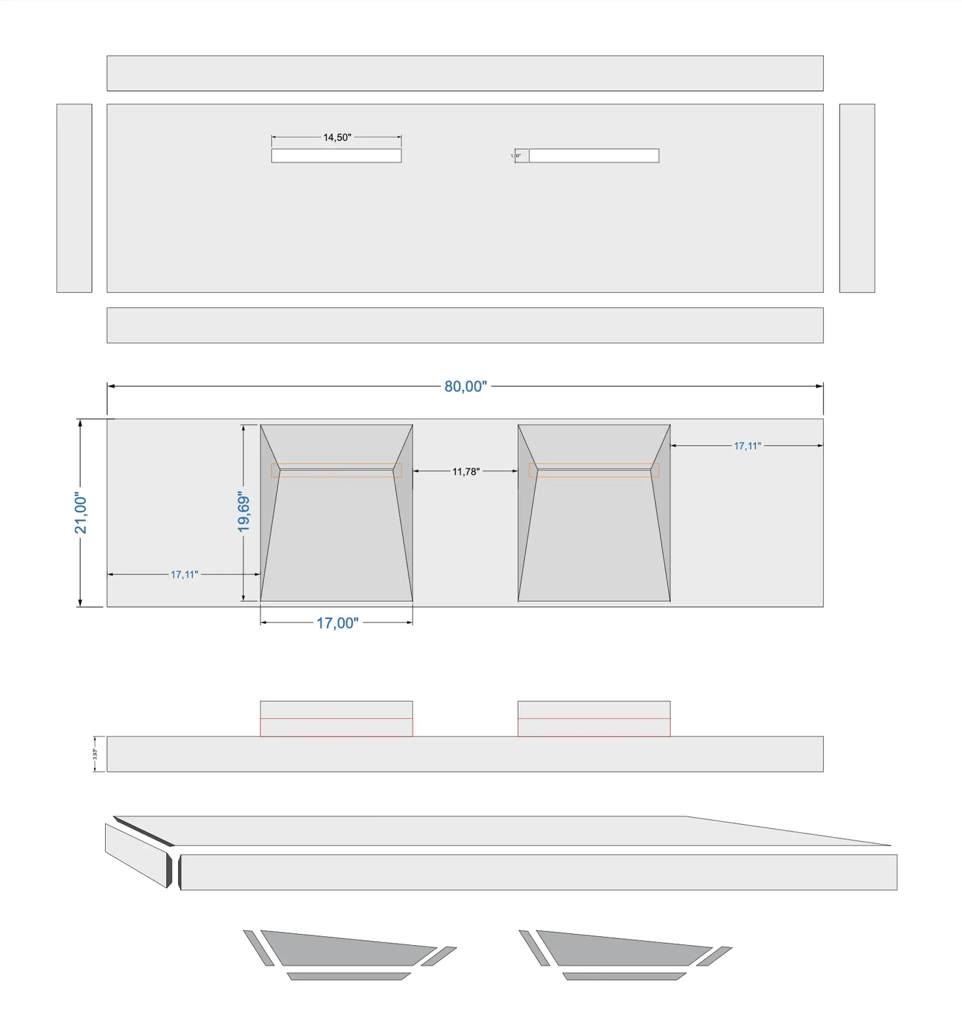 Imperial White Marble Double Bathroom Sink Wall-Mount - 80 Inch by GobekDesign