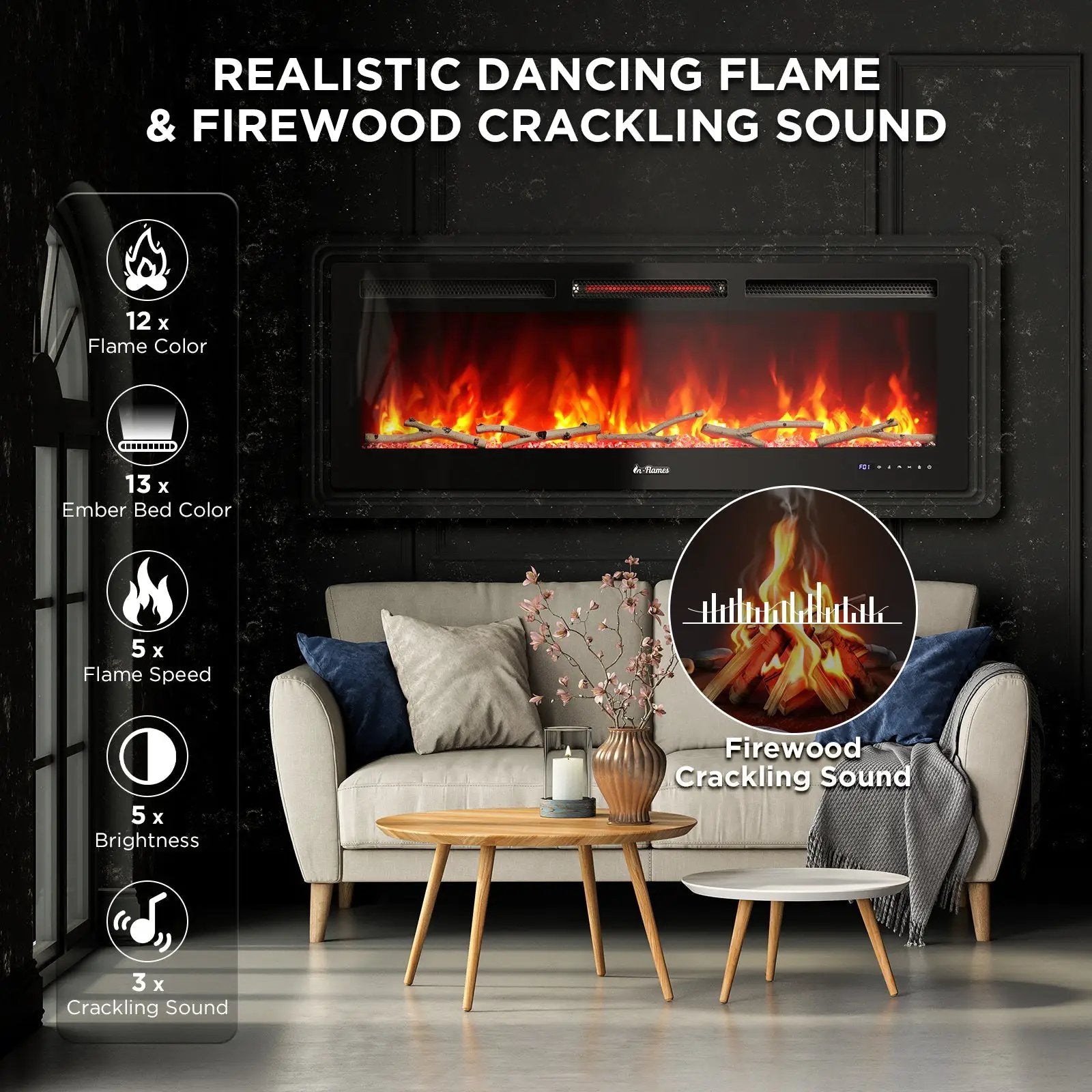 In Flames INF50W-3D WiFi Smart Wall Mounted Electric Fireplace - Tempered Glass by TURBRO