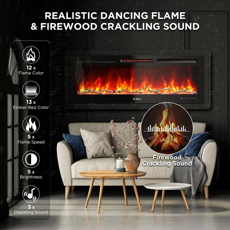 In Flames INF50W-3D WiFi Smart Wall Mounted Electric Fireplace - Tempered Glass by TURBRO