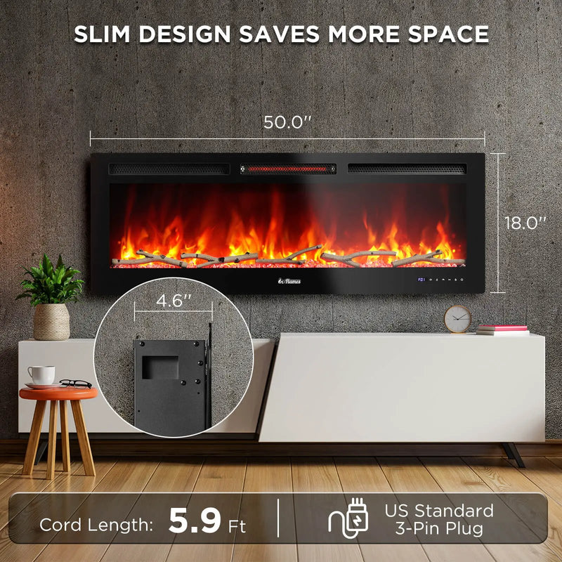 In Flames INF50W-3D WiFi Smart Wall Mounted Electric Fireplace - Tempered Glass by TURBRO