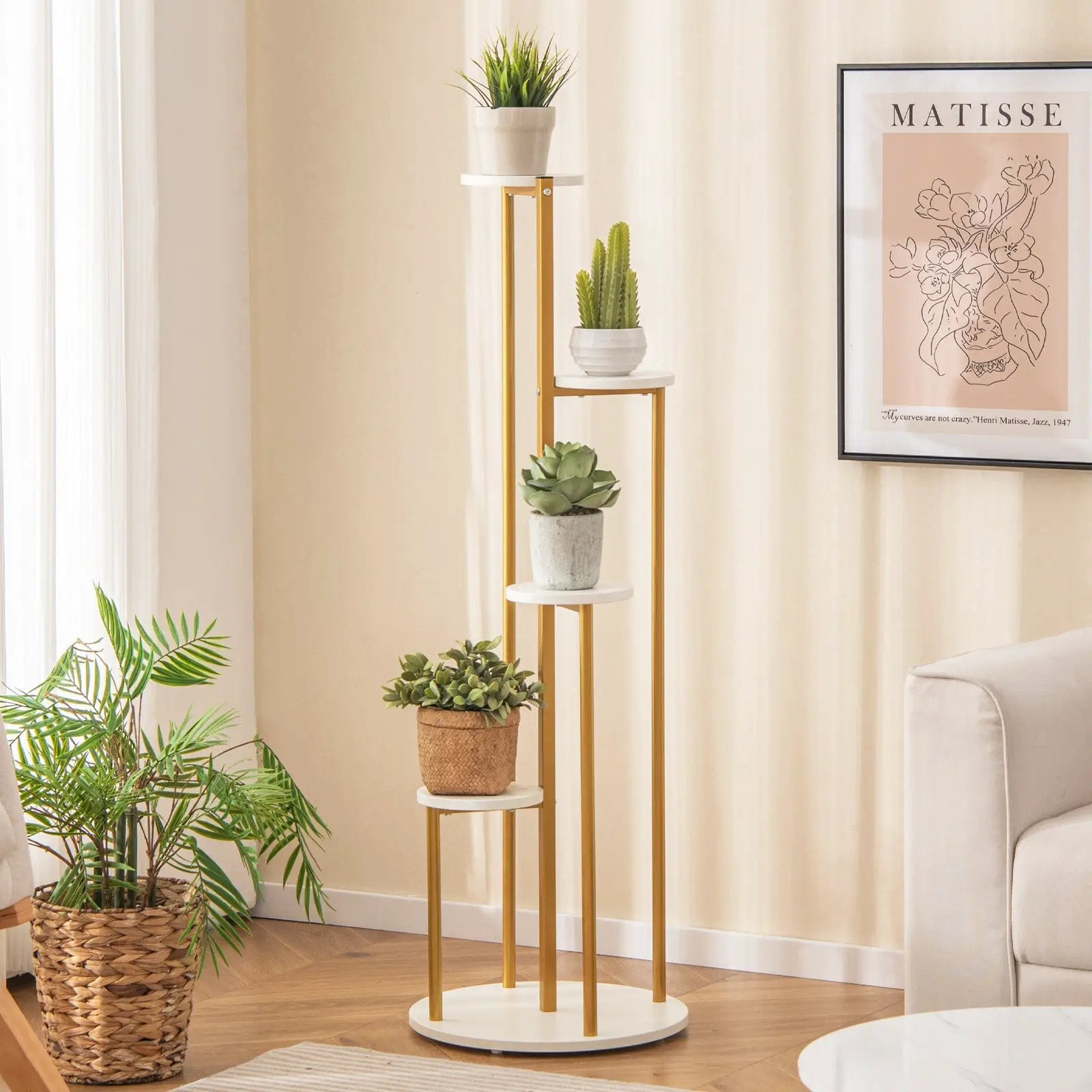 Indoor Metal Plant Stand Corner Plant Shelf for Potted Plant with Golden Metal Frame-White by DirectDeals