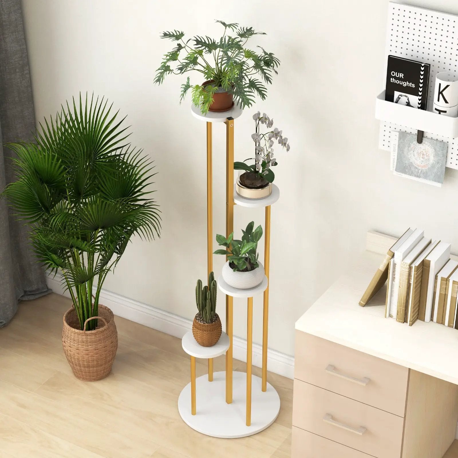Indoor Metal Plant Stand Corner Plant Shelf for Potted Plant with Golden Metal Frame-White by DirectDeals