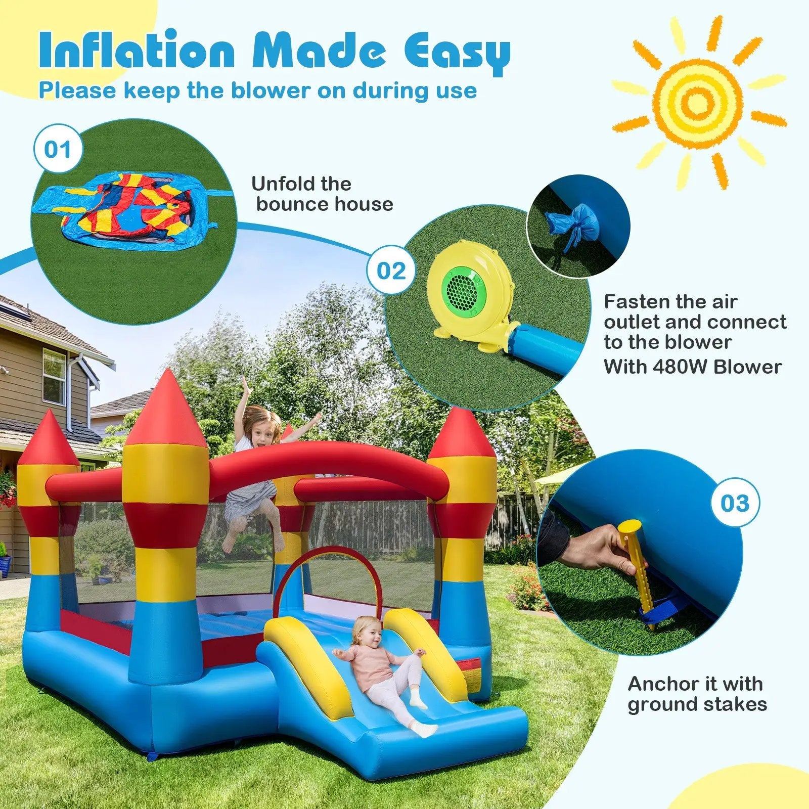 3-in-1 Kids Bouncer with Slide with 480W Blower for Yard by DirectDeals