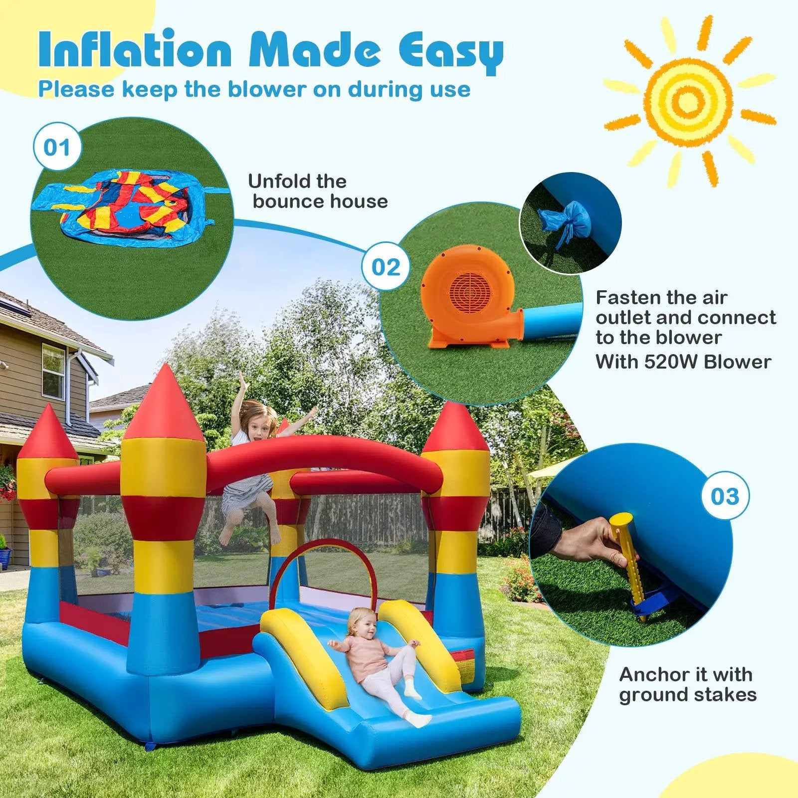 3-in-1 Kids Bouncer with Slide with 520W Blower for Yard by DirectDeals