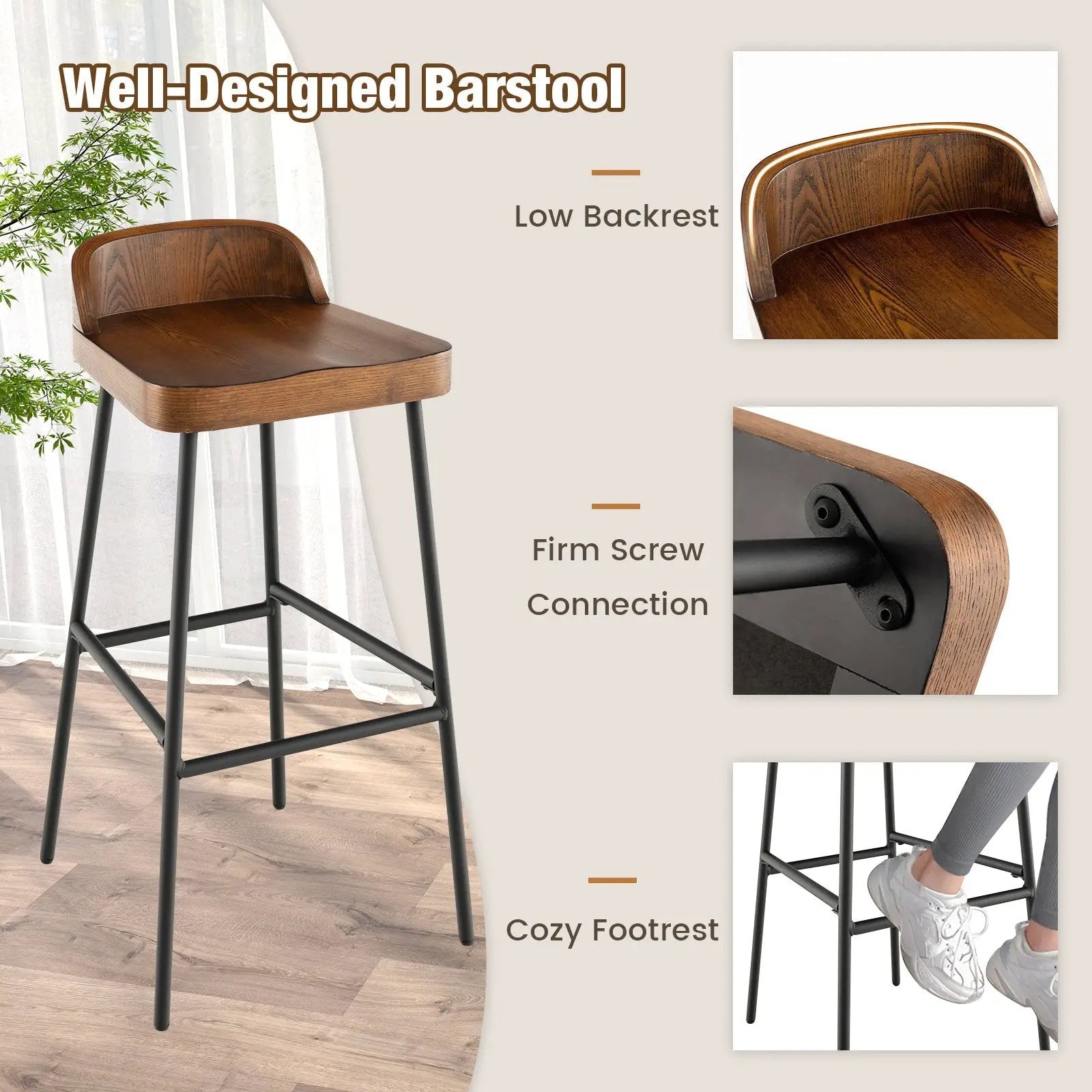Set of 1/2 29 Inch Industrial Bar Stools with Low Back and Footrests by DirectDeals