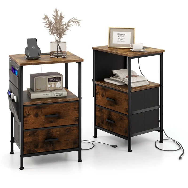 Industrial Bedside Table with USB Ports and AC Outlets for Bedroom Living Room by DirectDeals
