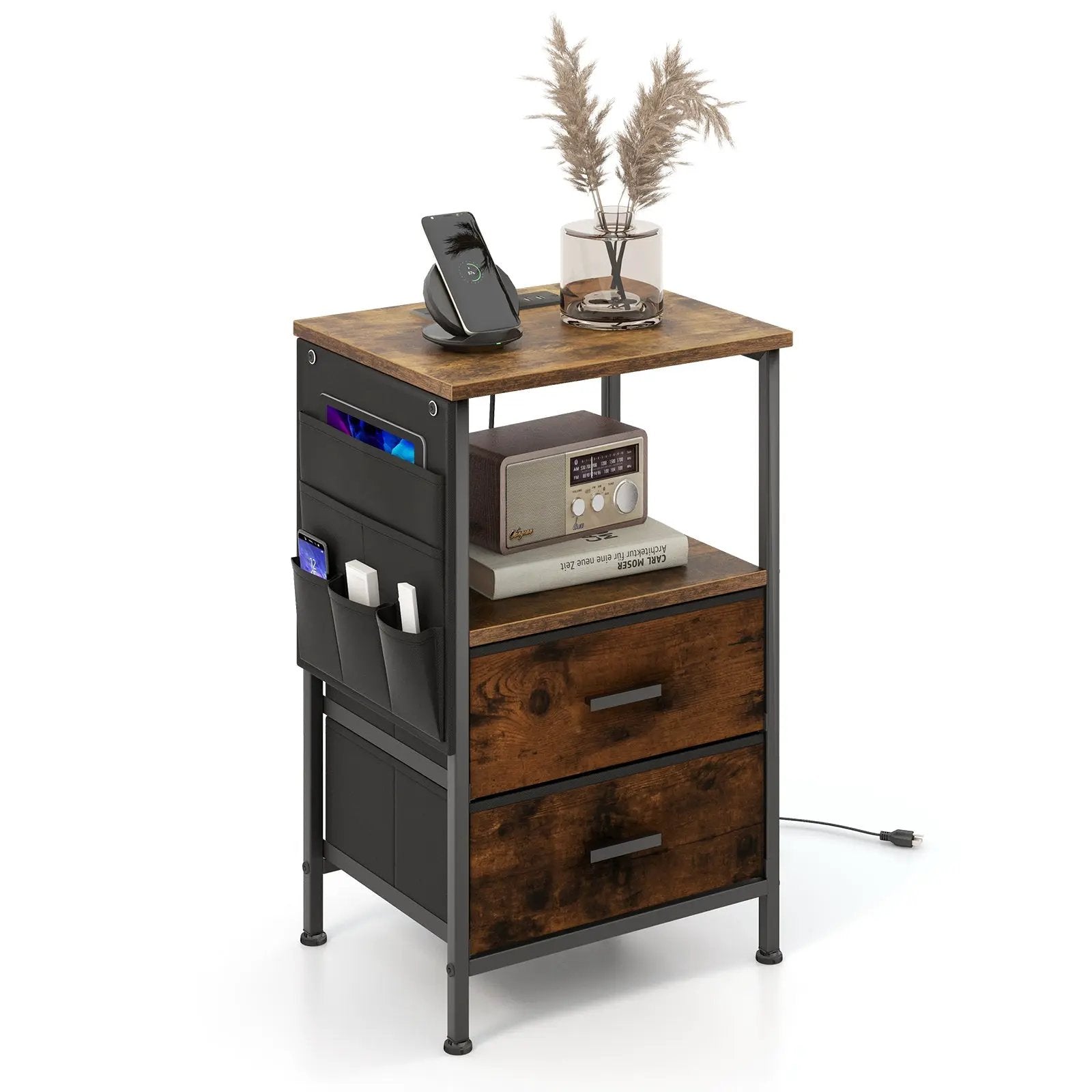 Industrial Bedside Table with USB Ports and AC Outlets for Bedroom Living Room by DirectDeals