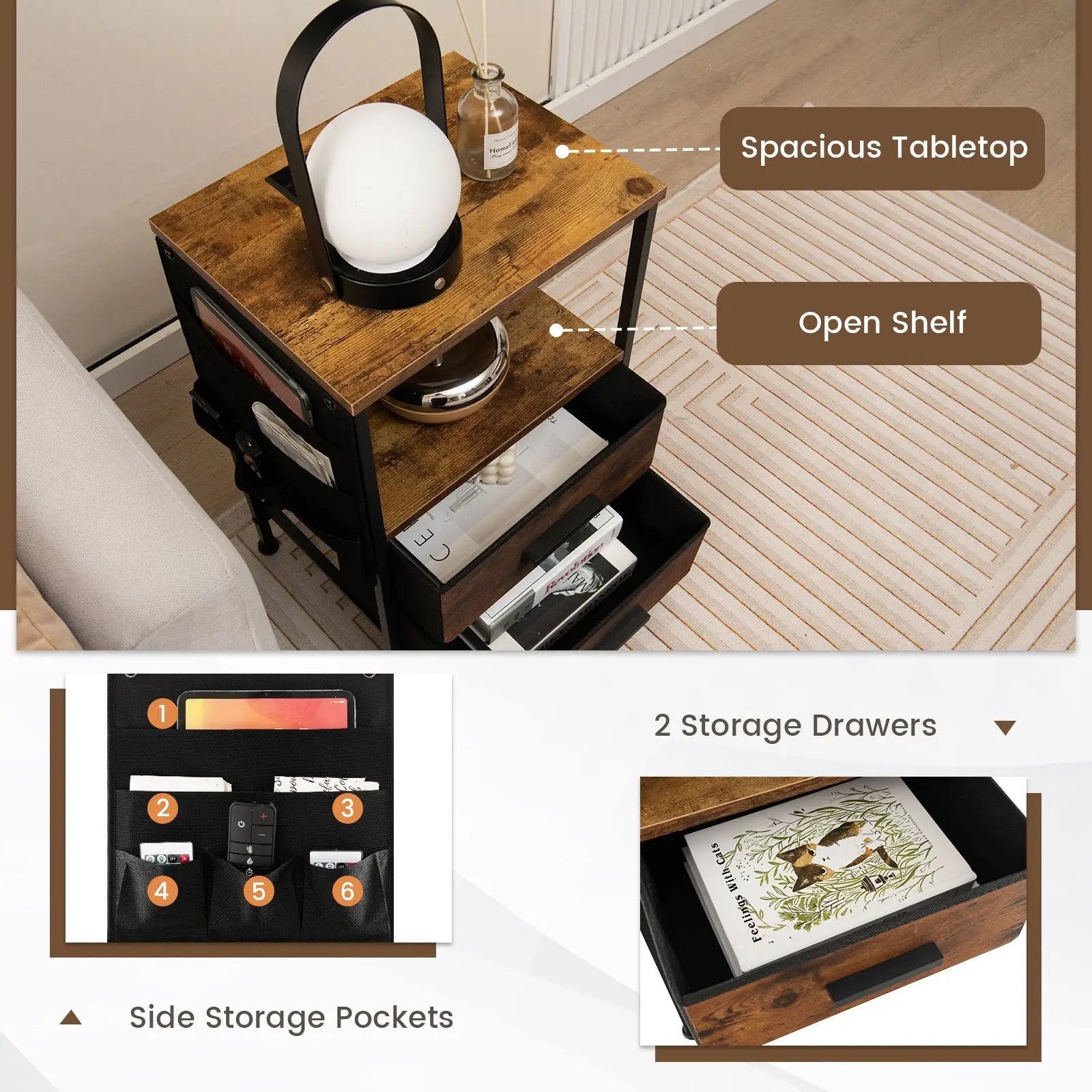 Industrial Bedside Table with USB Ports and AC Outlets for Bedroom Living Room by DirectDeals