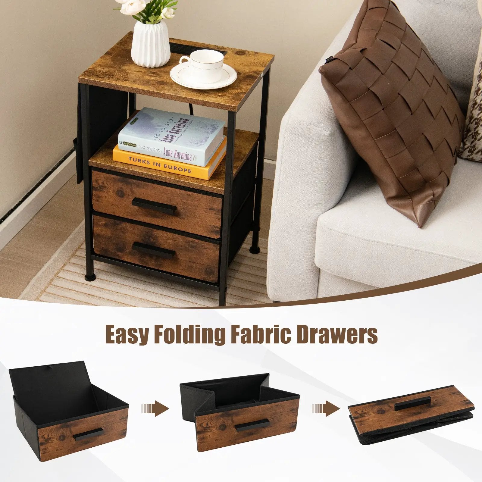 Industrial Bedside Table with USB Ports and AC Outlets for Bedroom Living Room by DirectDeals
