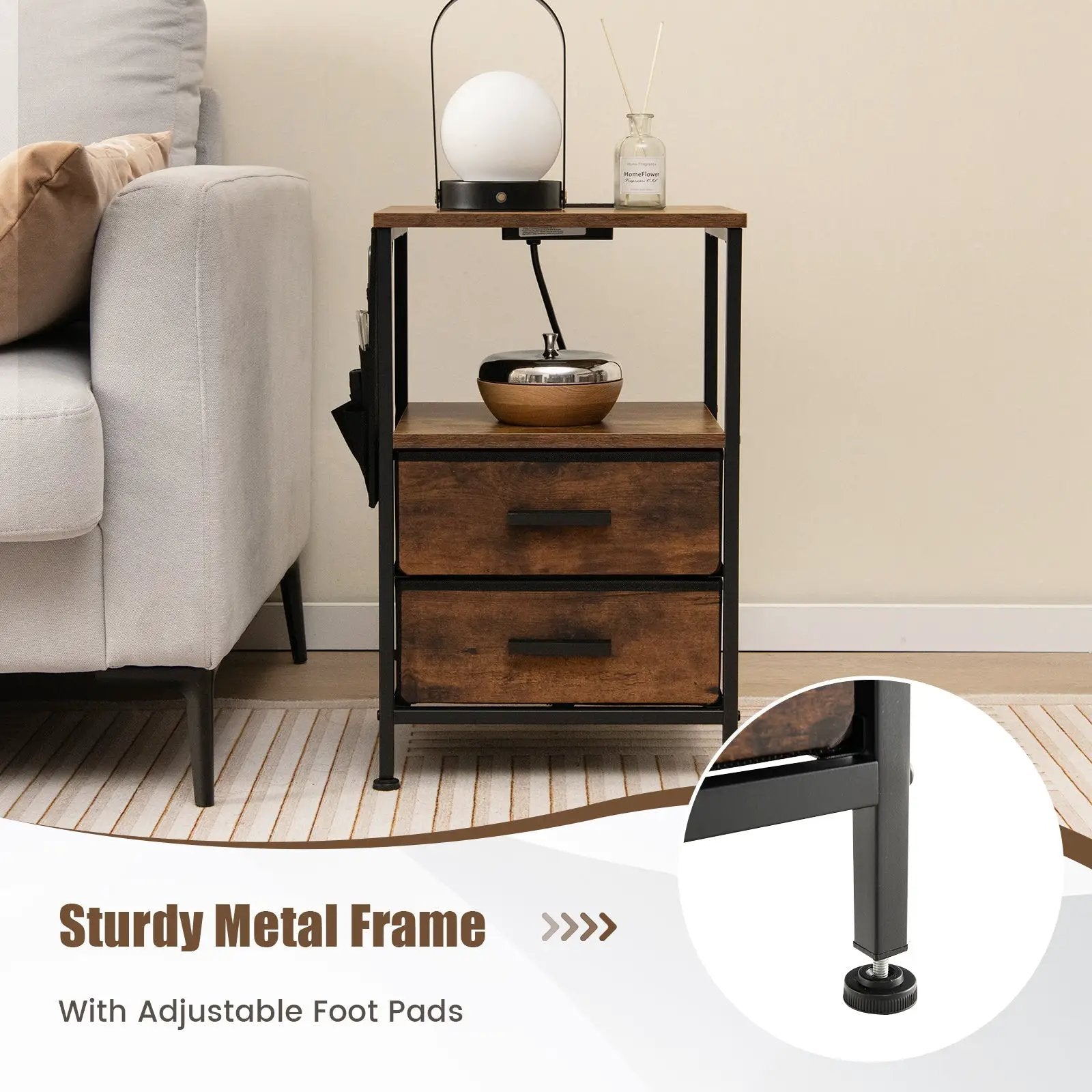 Industrial Bedside Table with USB Ports and AC Outlets for Bedroom Living Room by DirectDeals