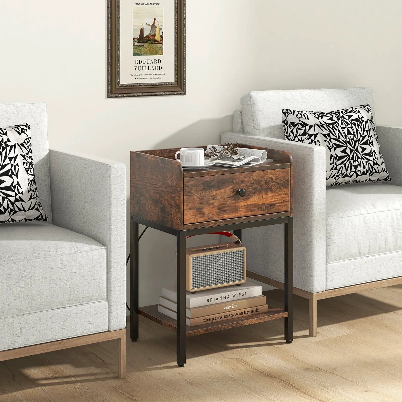 Industrial Bedside Table Nightstand with Charging Station-Rustic Brown by DirectDeals