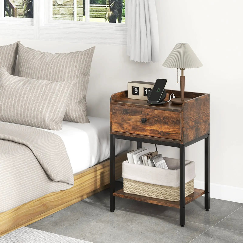 Industrial Bedside Table Nightstand with Charging Station-Rustic Brown by DirectDeals