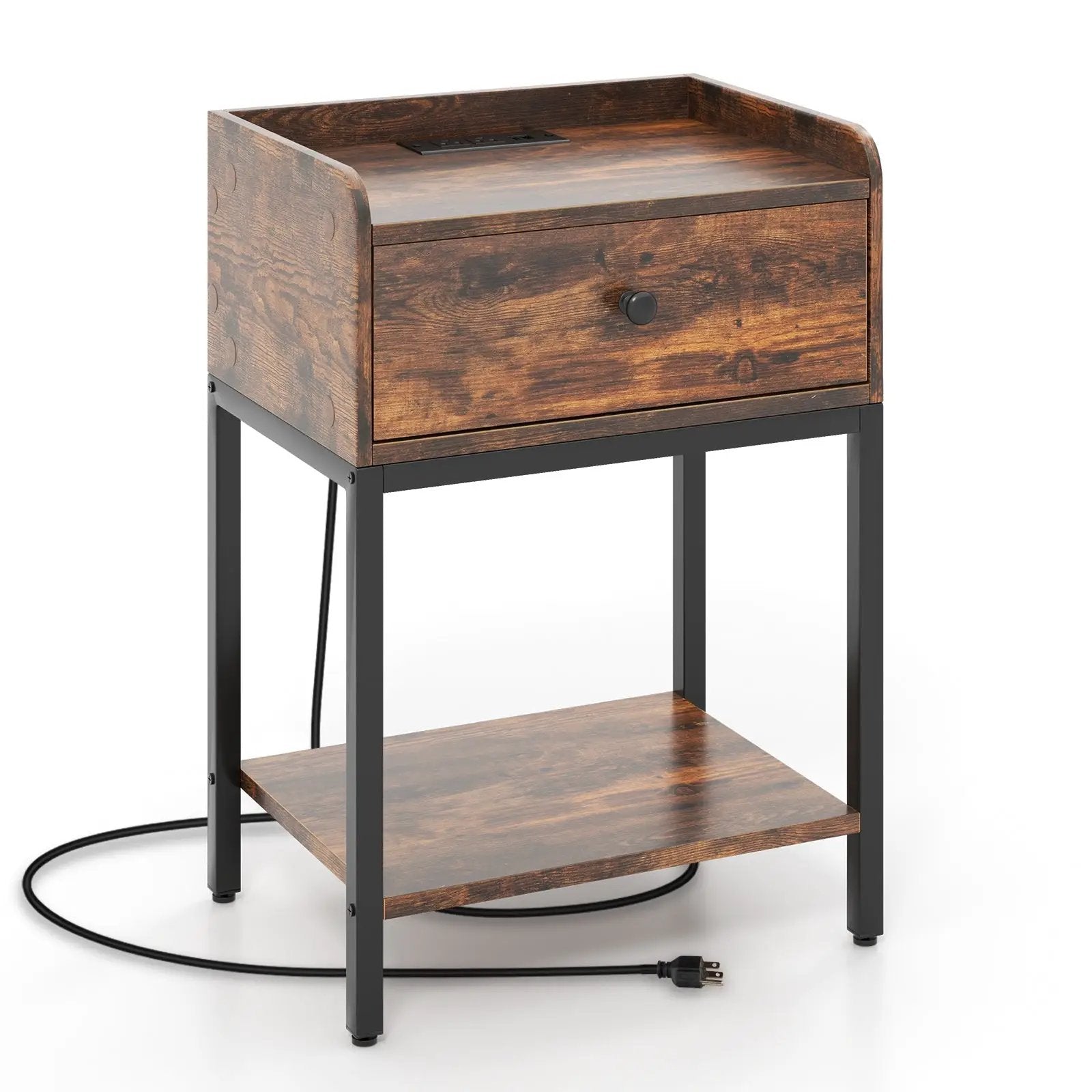 Industrial Bedside Table Nightstand with Charging Station-Rustic Brown by DirectDeals