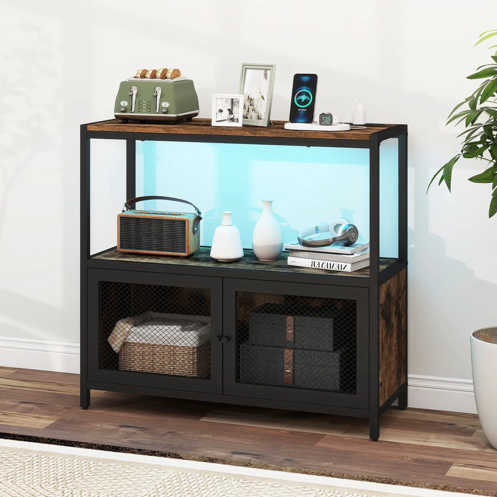 Industrial Coffee Bar Cabinet with LED Lights and Charging Station-Rustic Brown by DirectDeals