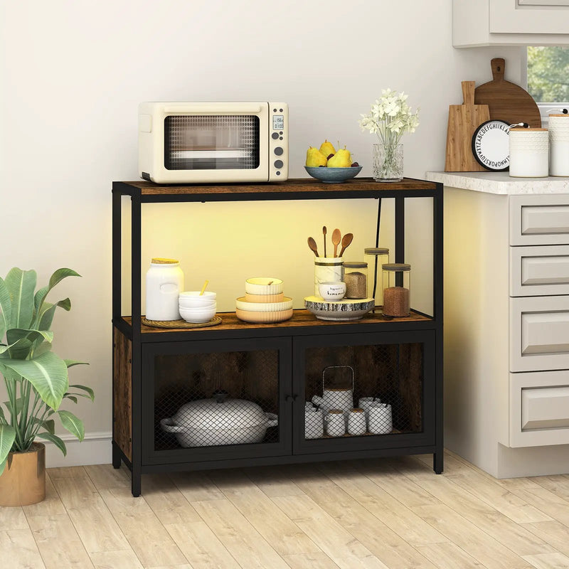 Industrial Coffee Bar Cabinet with LED Lights and Charging Station-Rustic Brown by DirectDeals