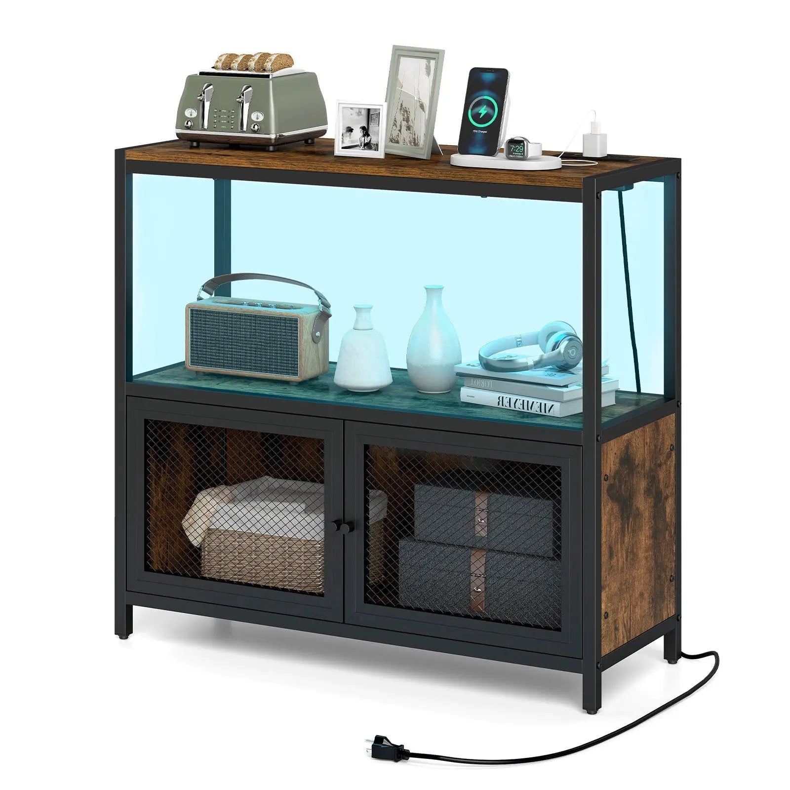Industrial Coffee Bar Cabinet with LED Lights and Charging Station-Rustic Brown by DirectDeals