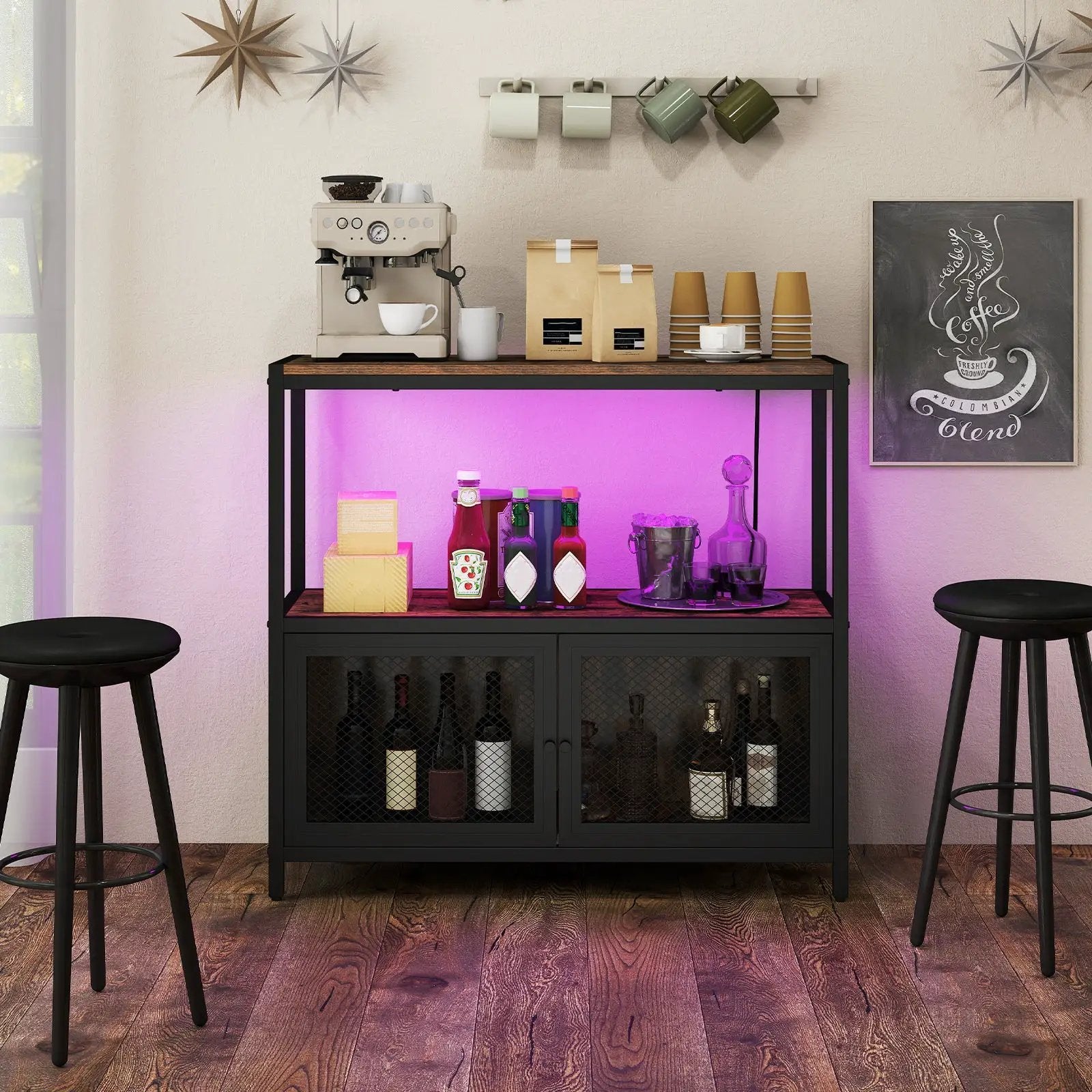 Industrial Coffee Bar Cabinet with LED Lights and Charging Station-Rustic Brown by DirectDeals