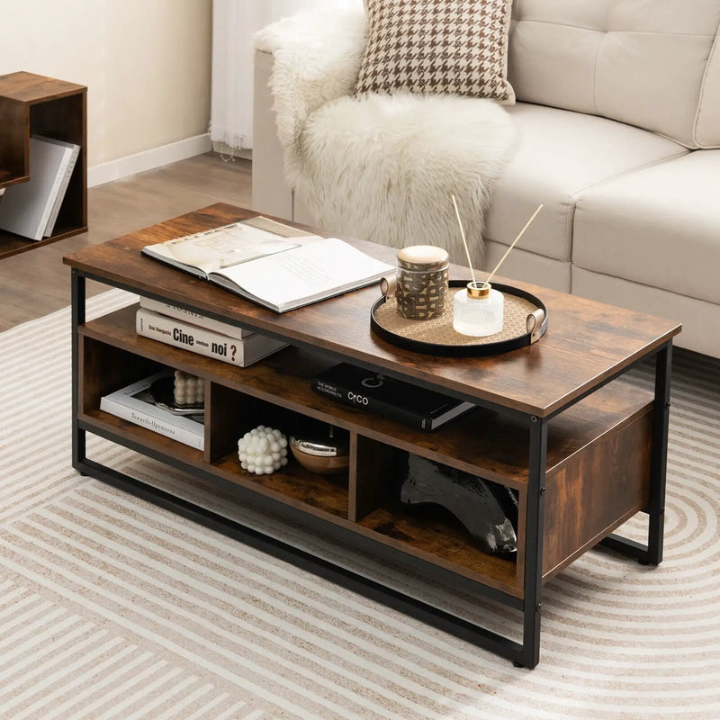 3-Tier Industrial Style Coffee Table with Open Shelf and 3 Storage Cubbies-Rustic Brown by DirectDeals