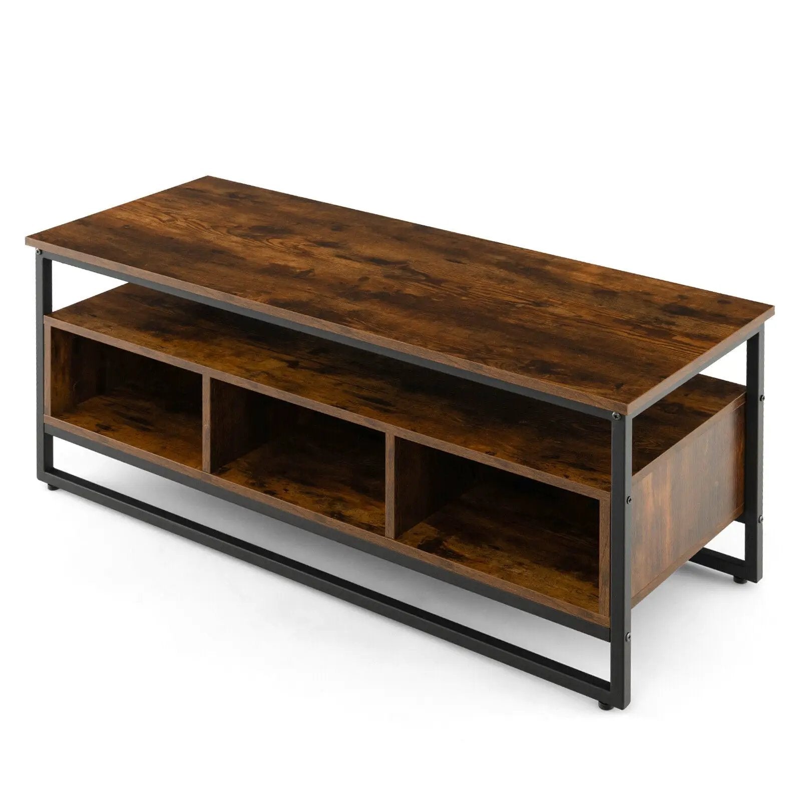 3-Tier Industrial Style Coffee Table with Open Shelf and 3 Storage Cubbies-Rustic Brown by DirectDeals