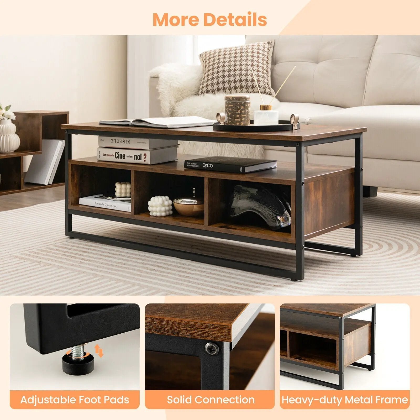 3-Tier Industrial Style Coffee Table with Open Shelf and 3 Storage Cubbies-Rustic Brown by DirectDeals