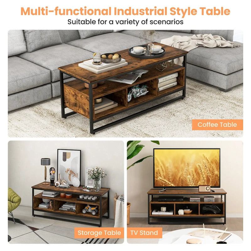 3-Tier Industrial Style Coffee Table with Open Shelf and 3 Storage Cubbies-Rustic Brown by DirectDeals