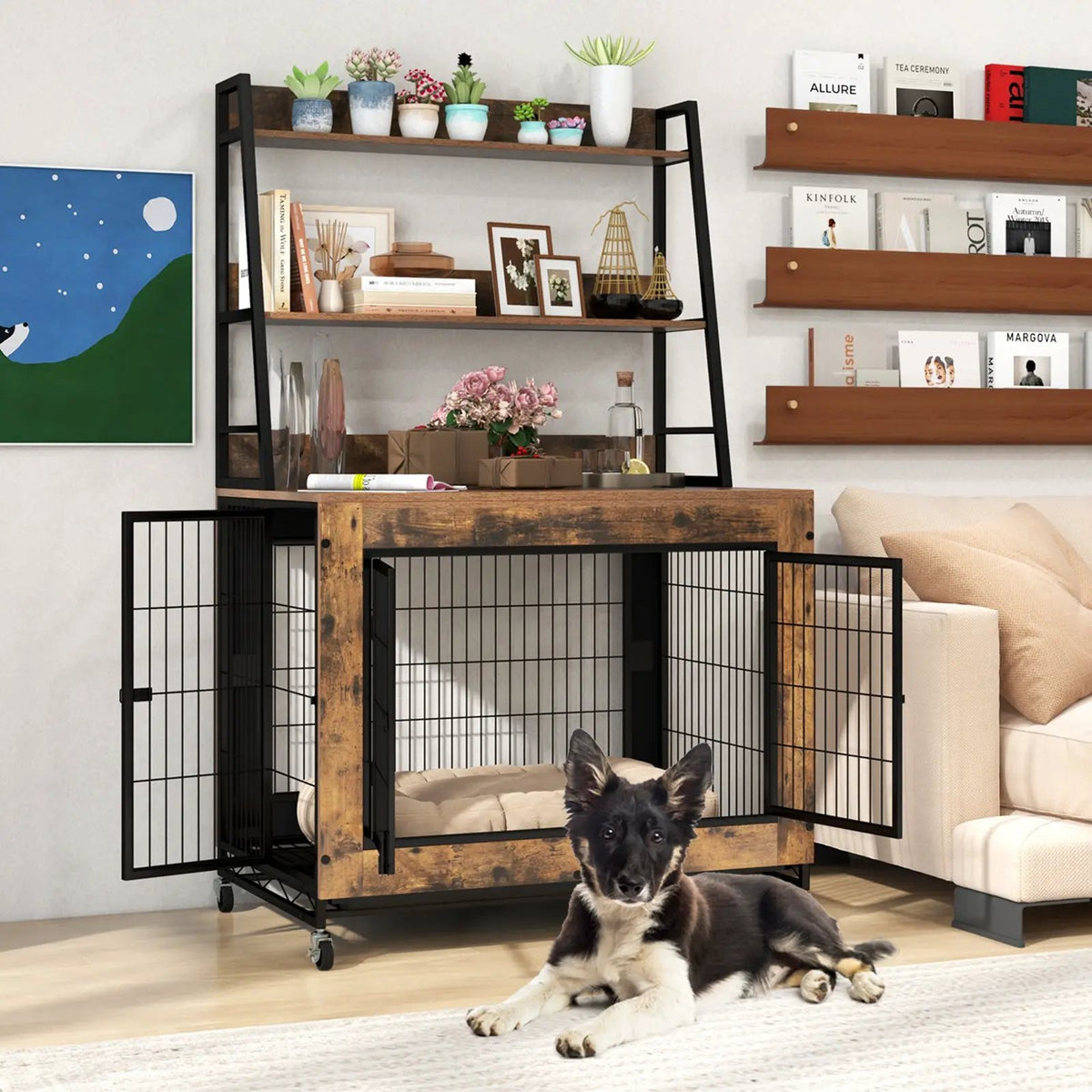 Industrial Dog Kennel Dog Crate Furniture with Storage Shelves, packed in its shipping crate 2