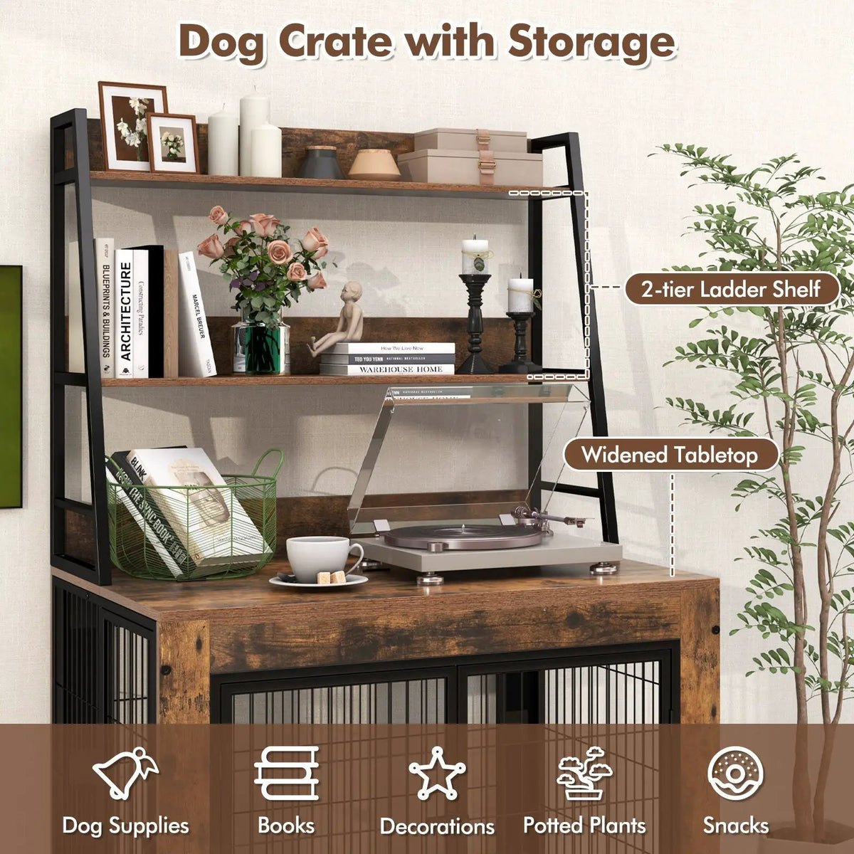 Industrial Dog Kennel Dog Crate Furniture with Storage Shelves, packed in its shipping crate 7