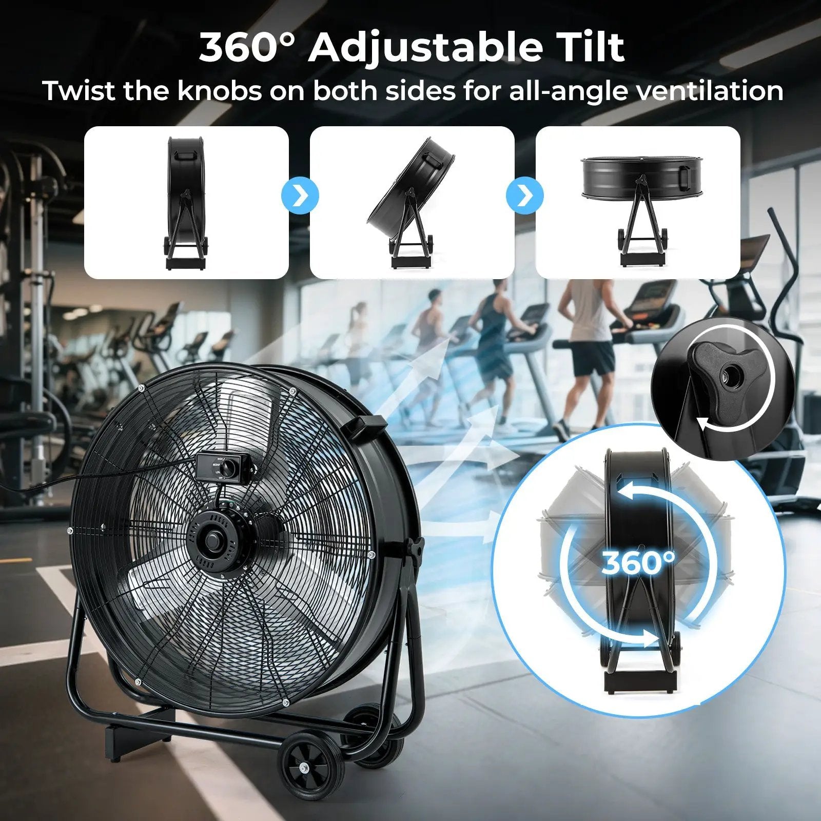 Industrial Drum Fan with 2 Wheels and 360-Degree Adjustable Tilt-Black by DirectDeals
