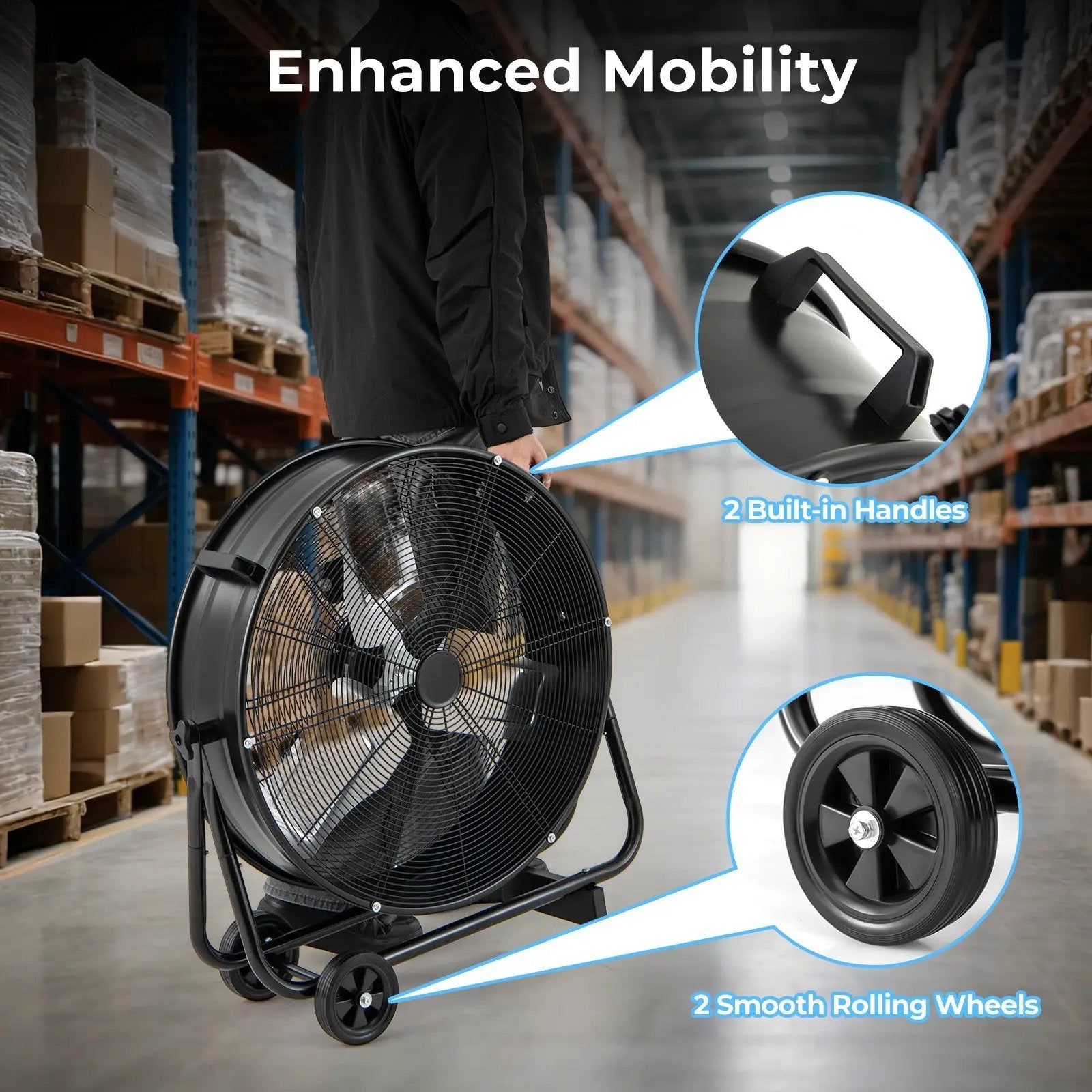Industrial Drum Fan with 2 Wheels and 360-Degree Adjustable Tilt-Black by DirectDeals