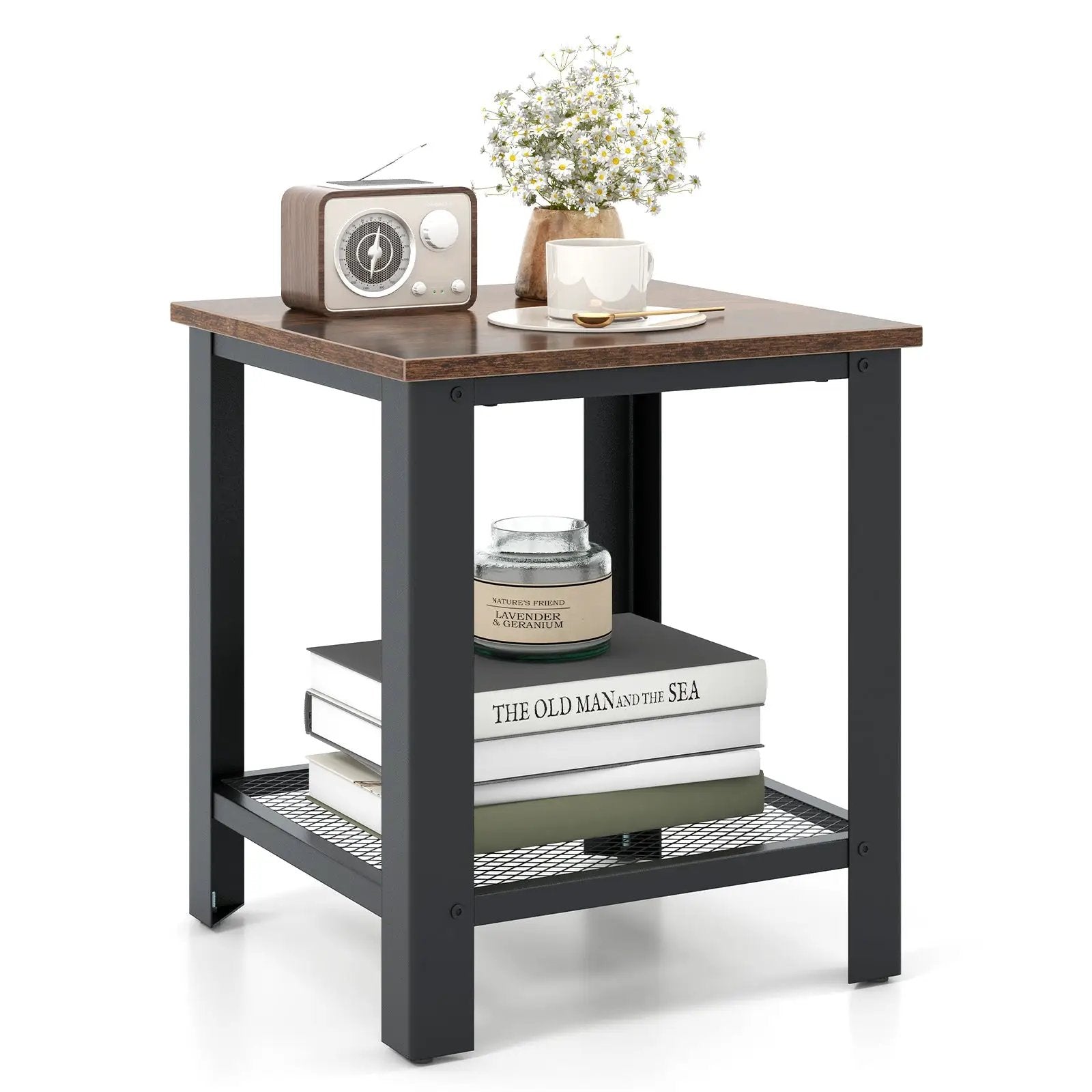 Industrial End Table 2-Tier Side Table-Black by DirectDeals