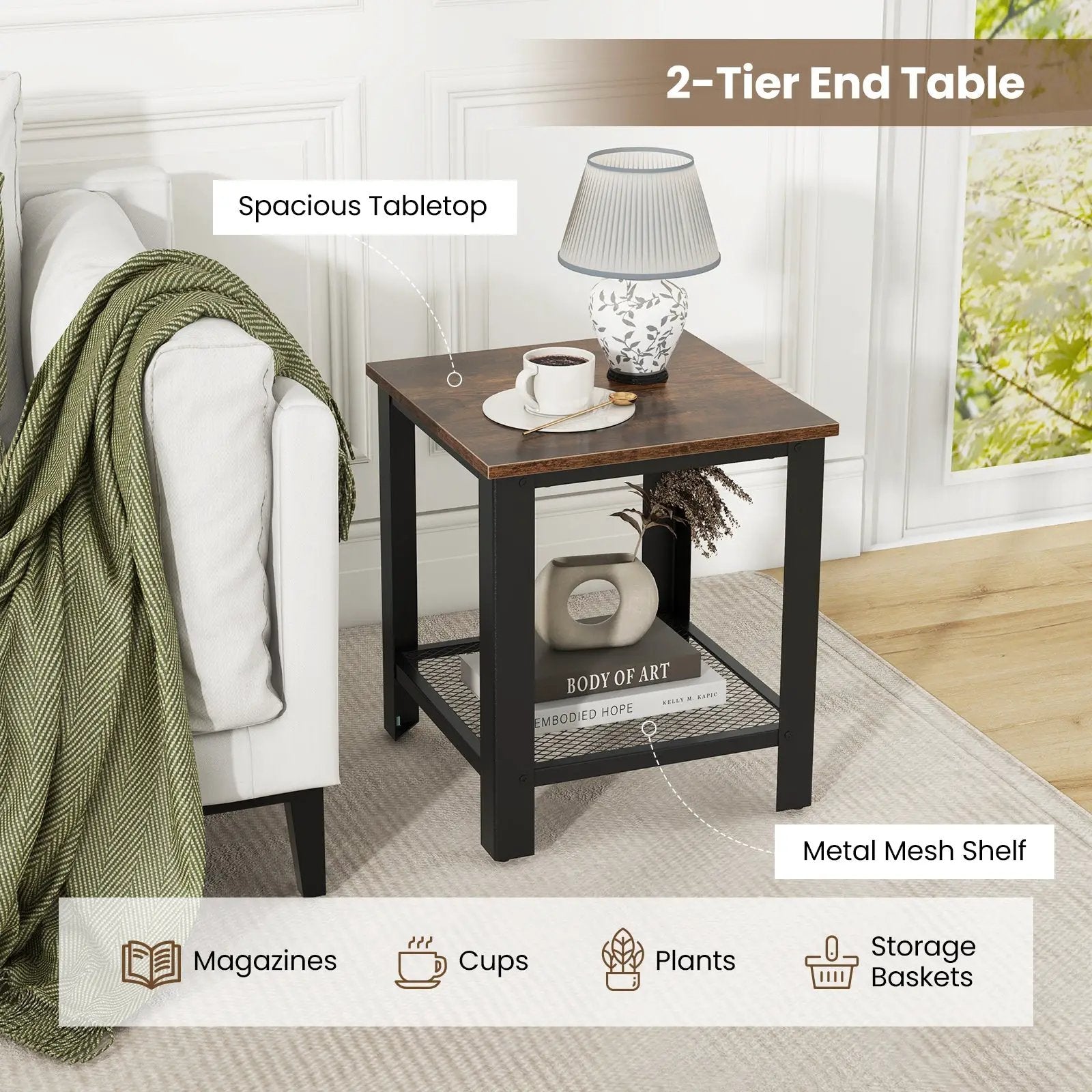 Industrial End Table 2-Tier Side Table-Black by DirectDeals