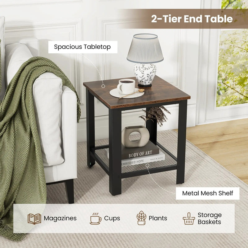 Industrial End Table 2-Tier Side Table-Black by DirectDeals
