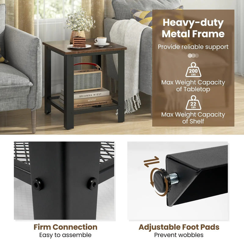 Industrial End Table 2-Tier Side Table-Black by DirectDeals