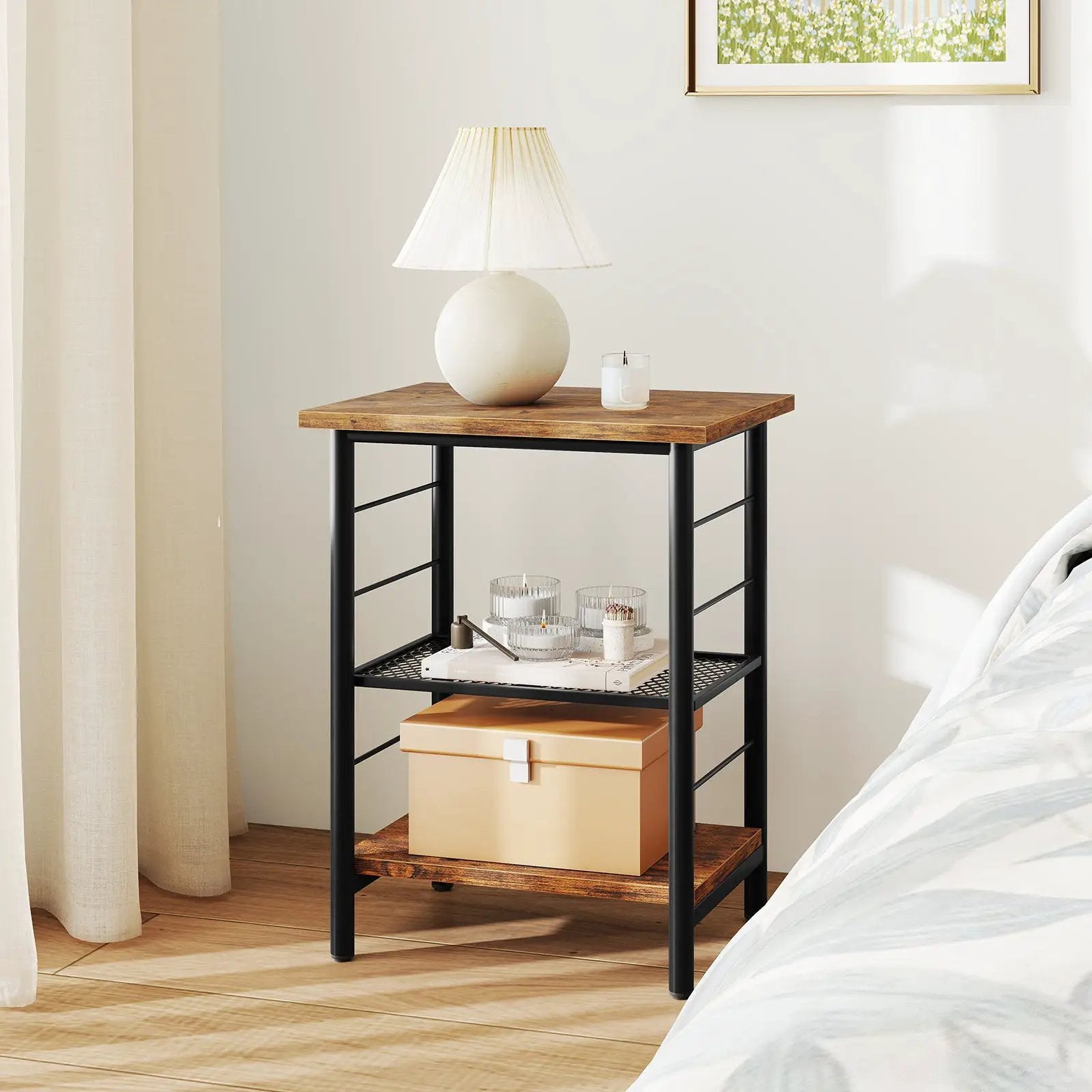 3-Tier End Table Space-Saving Nightstand Industrial Bedside Table for Living Room Bedroom-Rustic Brown by DirectDeals