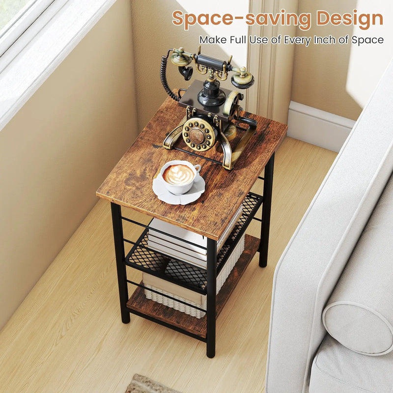 3-Tier End Table Space-Saving Nightstand Industrial Bedside Table for Living Room Bedroom-Rustic Brown by DirectDeals