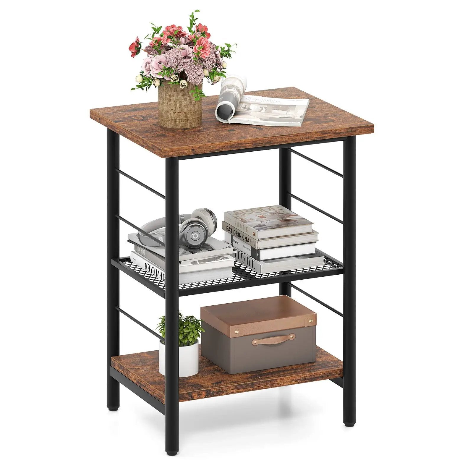 3-Tier End Table Space-Saving Nightstand Industrial Bedside Table for Living Room Bedroom-Rustic Brown by DirectDeals