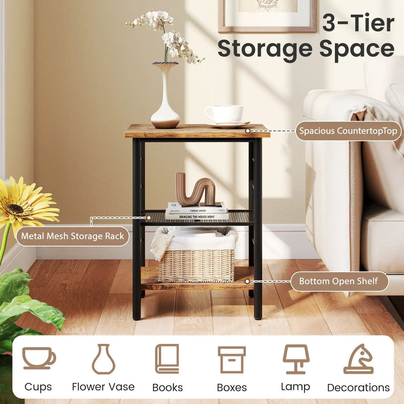 3-Tier End Table Space-Saving Nightstand Industrial Bedside Table for Living Room Bedroom-Rustic Brown by DirectDeals