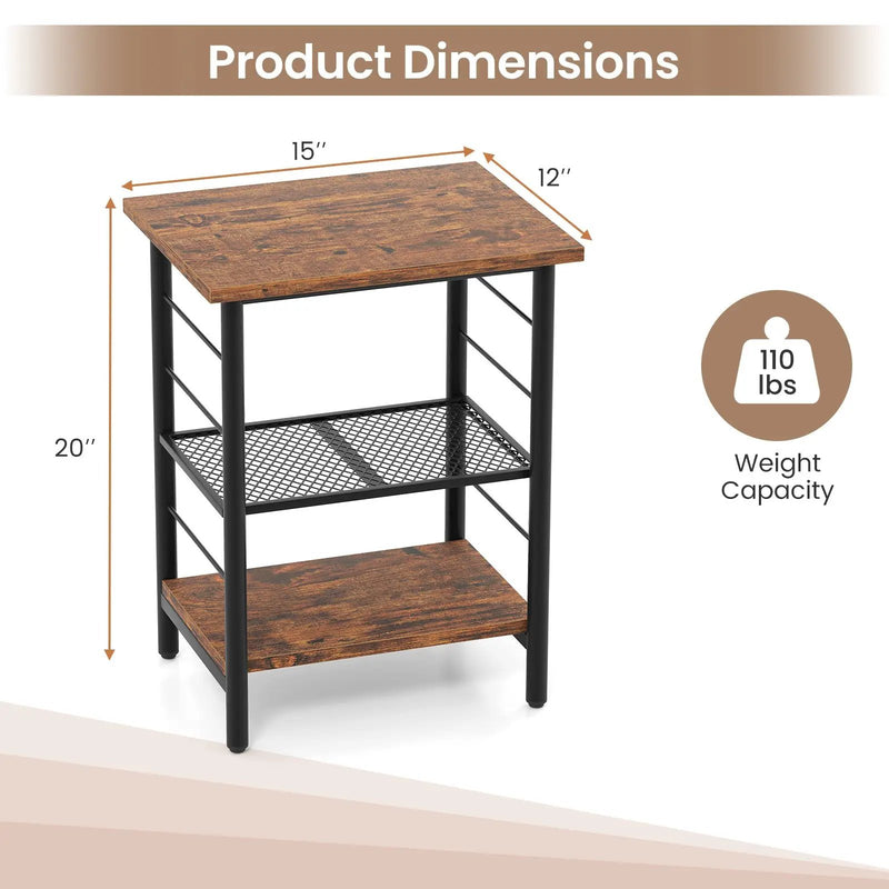 3-Tier End Table Space-Saving Nightstand Industrial Bedside Table for Living Room Bedroom-Rustic Brown by DirectDeals