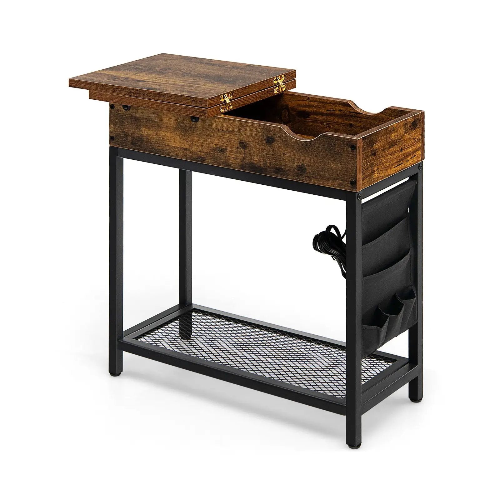 Industrial End Table with Charging Station and Flip Top-Rustic Brown by DirectDeals