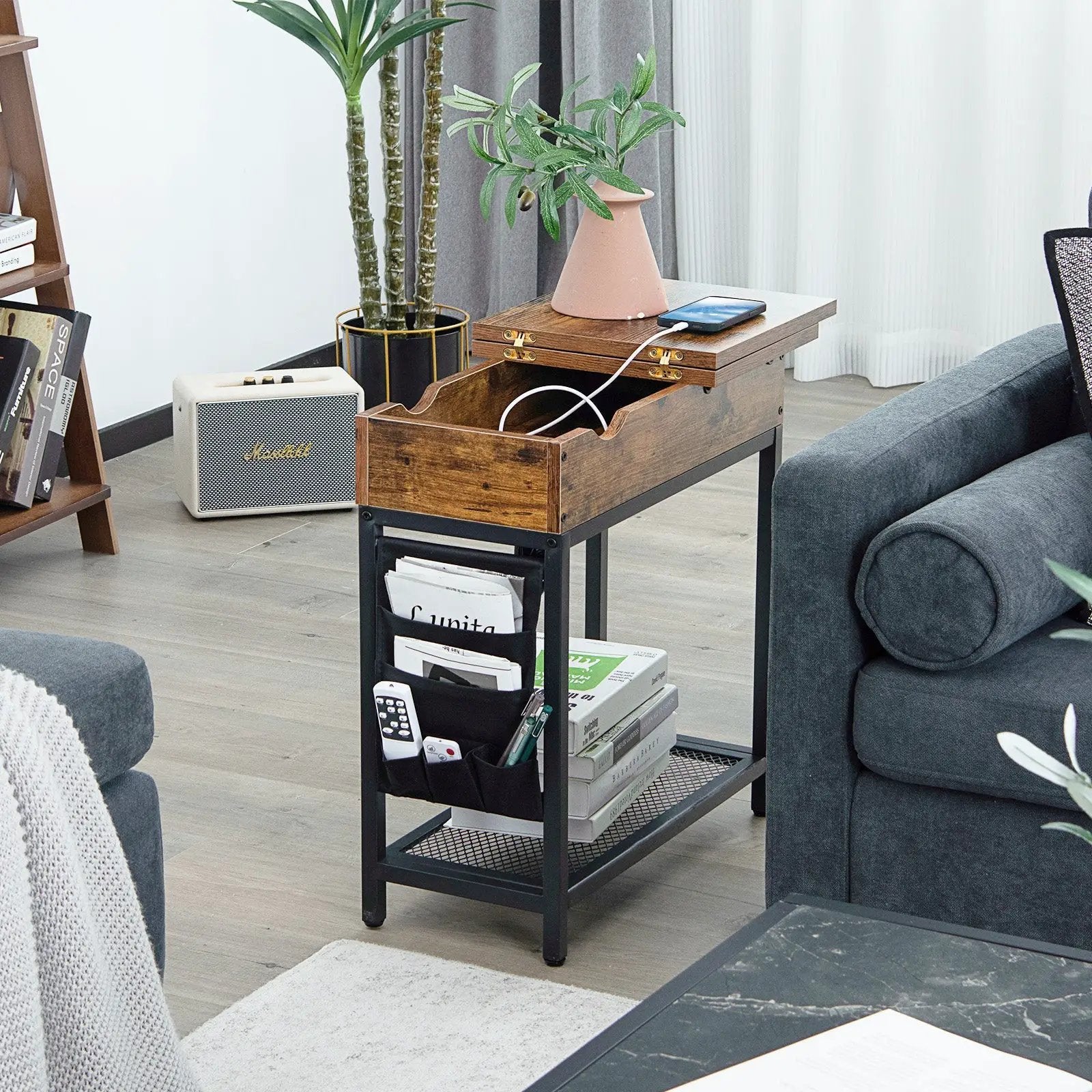 Industrial End Table with Charging Station and Flip Top-Rustic Brown by DirectDeals