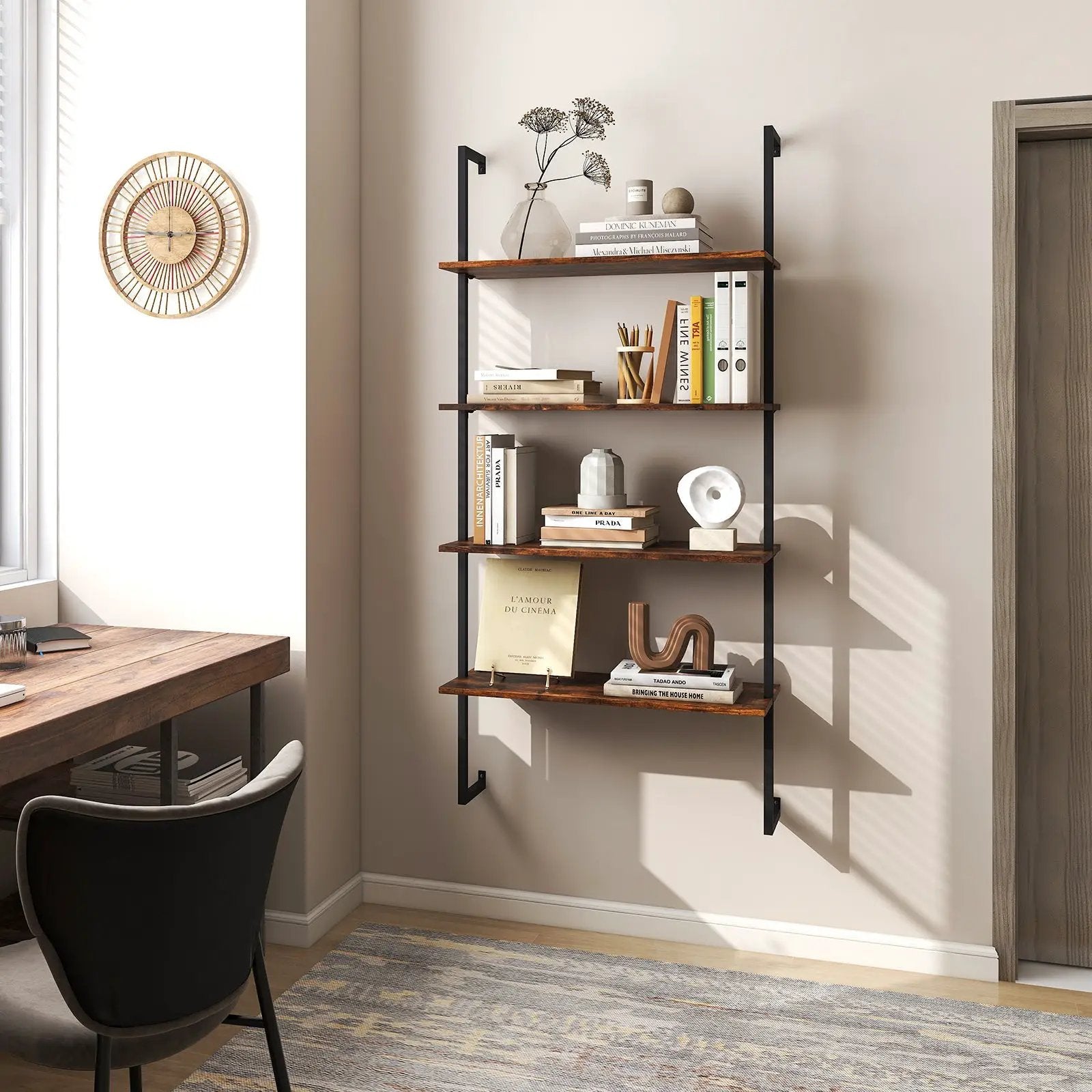 4-Tier Industrial Ladder Bookshelf with Metal Frame-Coffee by DirectDeals