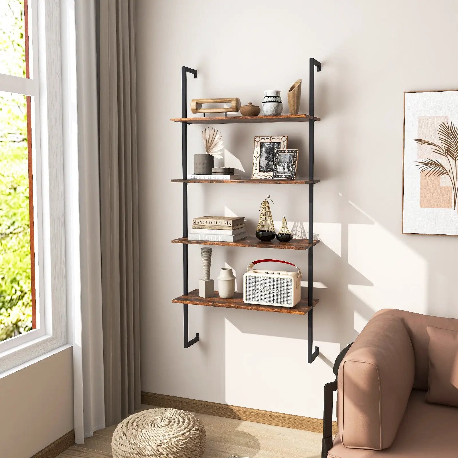 4-Tier Industrial Ladder Bookshelf with Metal Frame-Coffee by DirectDeals
